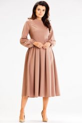 Elegancka Midi Sukienka z Bufiastym Rękawem - Cappuccino. Czarne sukienki damskie Awama, l, bez wzorów, z elastanu, eleganckie, bez kołnierzyka, bez ramiączek, midi. Za 259.90 zł.