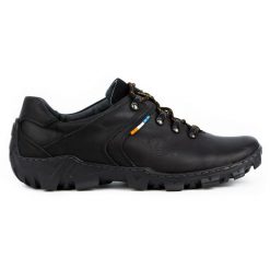 Olivier Skórzane buty trekkingowe męskie 214GT czarne. Czarne trekkingi męskie ze skóry, bez zapięcia. Za 319.69 zł.