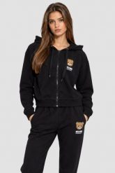 MOSCHINO Czarna damska bluza zapinana z kapturem, Rozmiar L. Czarne bluzy damskie MOSCHINO, l, bez wzorów, klasyczne, bez ramiączek, z kapturem. Za 899.00 zł.