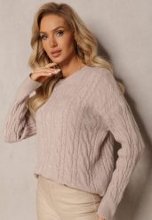 Beżowy Sweter z Okrągłym Dekoltem i Splotem w Warkocze Dawnitta. Brązowe swetry nierozpinane damskie Renee, bez wzorów, z dzianiny, casualowe, bez kołnierzyka, bez ramiączek. Za 79.99 zł.