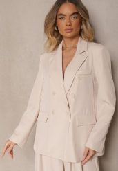 Jasnobeżowa Marynarka Dwurzędowa z Usztywnionymi Ramionami Emivori. Brązowe marynarki i żakiety damskie Renee, bez wzorów, z jeansu, eleganckie, bez kołnierzyka, bez ramiączek. Za 109.99 zł.