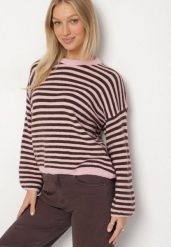 Różowy Sweter Oversize w Paski z Dodatkiem Wełny i Wiskozy Tianalla. Czerwone swetry nierozpinane damskie Born2be, bez wzorów, z jeansu, eleganckie, bez kołnierzyka, bez ramiączek. Za 129.99 zł.