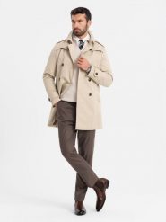 Elegancki męski płaszcz trencz SLIM FIT z paskiem – beżowy V1 OM-COSC-0126 - XXL. Brązowe płaszcze męskie Ombre Clothing, l, bez wzorów, z materiału, eleganckie, bez kołnierzyka, bez kaptura. Za 251.99 zł.