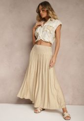 Beżowe Spodnie o Szerokim Kroju Kuloty High Waist o Długości 7/8 Ulanova. Brązowe spodnie materiałowe damskie Renee, bez wzorów, z jeansu, eleganckie, z podwyższonym stanem. Za 39.99 zł.