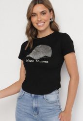 Czarny T-shirt z Bawełny z Nadrukiem Czapki i Cyrkoniami Penilna. Czarne t-shirty damskie Born2be, m, bez wzorów, z bawełny, klasyczne, bez kołnierzyka, bez ramiączek. Za 34.99 zł.
