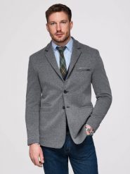 Dzianinowa marynarka męska o dopasowany kroju SLIM FIT - grafitowa V1 - Rozmiar: XL. Szare garnitury męskie Ombre Clothing, m, bez wzorów, z bawełny, biznesowe, bez kołnierzyka, bez ramiączek. Za 379.99 zł.