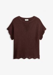 Sweter z krótkim rękawem z błyszczącą nicią. Brązowe swetry nierozpinane damskie bonprix, bez wzorów, bez kołnierzyka, bez ramiączek. Za 47.99 zł.