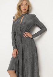 Srebrna Koktajlowa Sukienka z Metaliczną Nicią Mianella. Szare sukienki damskie Born2be, l, z aplikacjami, eleganckie, bez kołnierzyka, bez ramiączek, midi. Za 169.99 zł.
