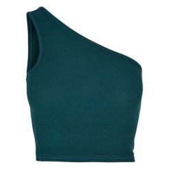 Damski asymetryczny crop top Urban Classics. Zielone topy damskie Urban Classics, bez wzorów, z asymetrycznym kołnierzem, bez ramiączek. Za 90.00 zł.