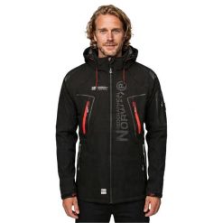 Męska Kurtka Soft Shell Techno. Brązowe kurtki męskie Geographical Norway, m, z aplikacjami, z elastanu, z kapturem. Za 382.00 zł.