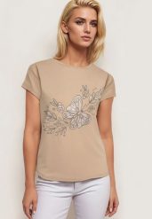 Beżowy Klasyczny Bawełniany T-shirt z Nadrukiem Wiloa. Brązowe t-shirty damskie Born2be, l, bez wzorów, z bawełny, klasyczne, bez kołnierzyka, bez ramiączek. Za 34.99 zł.