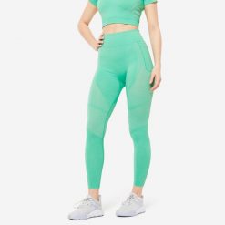 Legginsy fitness damskie Domyos. Zielone legginsy damskie DOMYOS, bez wzorów, z elastanu. W wyprzedaży za 79.99 zł.