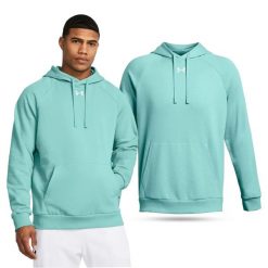 Bluza fitness męska UNDER ARMOUR Rival Fleece Hoodie z kapturem. Niebieskie bluzy męskie Under Armour, l, bez wzorów, casualowe, bez ramiączek, z kapturem. Za 341.74 zł.