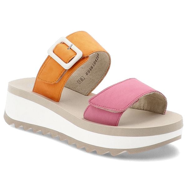 Różowe Klapki Rieker Stylowe Obuwie Damskie. Czerwone klapki damskie Rieker, na lato, bez wzorów, eleganckie, bez obcasa, na platformie, bez zapięcia. Za 229.00 zł.