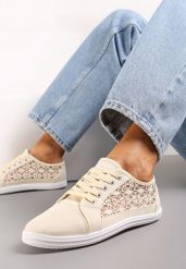 Beżowe Tenisówki z Ażurowymi Wstawkami Po Bokach Salessa. Brązowe trampki i tenisówki damskie Renee, w ażurowe wzory, z jeansu, bez zapięcia. Za 39.99 zł.