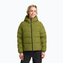 Płaszcz puchowy damski Jack Wolfskin Frozen Palace. Zielone płaszcze damskie Jack Wolfskin, na zimę, l, bez wzorów, z materiału, bez kołnierzyka, bez kaptura. Za 1,099.00 zł.