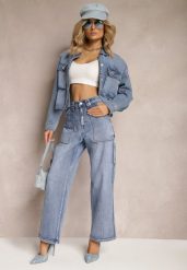 Jasnoniebieskie Jeansy High Waist o Kroju Palazzo z Szerokimi Nogawkami Xavina. Niebieskie jeansy damskie Renee, bez wzorów, z jeansu, biznesowe, z podwyższonym stanem. Za 119.99 zł.