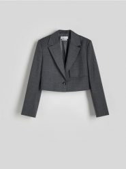 Melanżowa marynarka z wełną - ciemnoszary. Szare marynarki i żakiety damskie Reserved, bez wzorów, z tkaniny, bez kołnierzyka, bez ramiączek. W wyprzedaży za 99.99 zł.