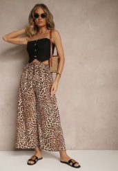 Beżowo-Brązowe Spodnie Wide Leg z Gumką w Talii w Panterkowy Wzór Filanira. Czarne spodnie materiałowe damskie Renee, bez wzorów, z jeansu, eleganckie. Za 29.99 zł.