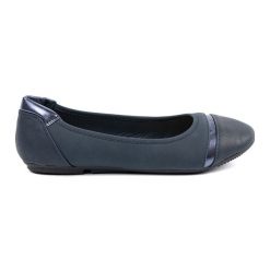 Balerinki w kolorze granatowym niebieskie. Niebieskie balerinki damskie na lato, bez wzorów, ze skóry ekologicznej, eleganckie, z okrągłym noskiem, bez obcasa, bez zapięcia. Za 59.38 zł.