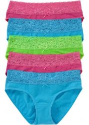 Figi z miękką bawełną i koronką (5 par). Niebieskie majtki damskie bonprix, z bawełny. Za 67.99 zł.