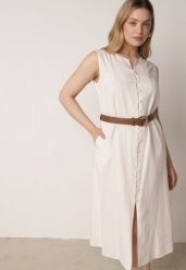 Beżowa Sukienka z Bawełną i Wiskozą Ozdobiona Paskiem Luven. Brązowe sukienki damskie Born2be, na co dzień, l, bez wzorów, z bawełny, eleganckie, bez kołnierzyka, bez ramiączek, midi, proste. Za 139.99 zł.