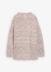 Oversize’owy sweter z włóczki bouclé. Czerwone swetry nierozpinane damskie bonprix, bez wzorów, bez kołnierzyka, bez ramiączek. Za 129.99 zł.