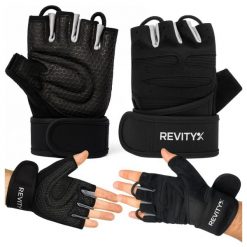 Rękawiczki treningowe na siłownię z usztywniaczem nadgarstka i pętlami 2 w 1. Czarne rękawiczki męskie REVITY, bez wzorów, z poliesteru. W wyprzedaży za 49.99 zł.