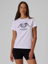 4F T-shirt regular z nadrukiem damski - biały XS. Białe koszulki sportowe damskie 4F, xs, bez wzorów, z bawełny, bez ramiączek. Za 59.99 zł.