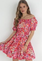Fuksjowa Wiskozowa Sukienka Mini z Gumkami w Pasie i Falbanką Muena. Czerwone sukienki damskie Born2be, na imprezę, l, bez wzorów, z tkaniny, bez kołnierzyka, bez ramiączek, mini. Za 59.99 zł.