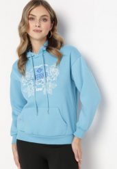 Jasnoniebieska Bluza z Kapturem i Nadrukiem oraz Ściągaczami Apperforda. Niebieskie bluzy damskie Born2be, l, bez wzorów, z polaru, casualowe, bez ramiączek, z kapturem. Za 84.99 zł.