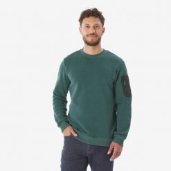 Sweter turystyczny męski Quechua NH100. Zielone swetry męskie QUECHUA, m, bez wzorów, z bawełny, sportowe, bez kołnierzyka, bez ramiączek. Za 89.99 zł.