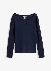 Bluzka w krótkim fasonie z prążkowanej bawełny organicznej. Niebieskie bluzki damskie bonprix, bez wzorów, z bawełny, bez kołnierzyka, bez ramiączek. Za 59.99 zł.