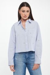 Koszula damska w paski Basima JOOP! JEANS. Koszule damskie JOOP! Jeans, xxs, bez wzorów, z jeansu, bez kołnierzyka, bez ramiączek. Za 579.00 zł.
