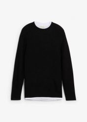 Strukturowany sweter 2 w 1, z bawełną. Czarne swetry męskie bonprix, m, bez wzorów, z bawełny, bez kołnierzyka, bez ramiączek. Za 104.99 zł.