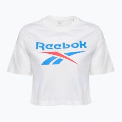 Koszulka Reebok Identity Big Logo Crop Tee. Białe bluzki damskie REEBOK FITNESS, bez wzorów, sportowe, bez kołnierzyka, bez ramiączek. W wyprzedaży za 63.99 zł.