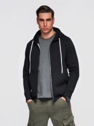 Męska bawełniana bluza dresowa BASIC rozpinana z kapturem - czarna V5 - Rozmiar: XL. Czarne bluzy męskie Ombre Clothing, m, z aplikacjami, z bawełny, biznesowe, bez ramiączek, z kapturem. W wyprzedaży za 118.99 zł.