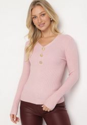 Jasnoróżowy Sweter z Bawełną z Prążkowanego Materiału Ozdobiony Guzikami Zinfera. Czerwone swetry nierozpinane damskie Born2be, na zimę, bez wzorów, z bawełny, bez kołnierzyka, bez ramiączek. Za 59.99 zł.