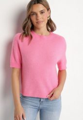 Różowy Sweter z Wełną z Krótkim Rękawem Dannoria. Czerwone swetry nierozpinane damskie Born2be, uniwersalny, bez wzorów, z jeansu, eleganckie, bez kołnierzyka, bez ramiączek. Za 149.99 zł.