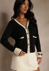 Czarny Kardigan z Wiskozą Lamówką i Guzikami Halisette. Czarne kardigany damskie Renee, l, bez wzorów, z jeansu, eleganckie, bez kołnierzyka. Za 139.99 zł.