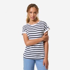 Koszulka marynarska żeglarska damska Decathlon Sailing 100 krótki rękaw. Białe bluzki damskie TRIBORD, m, bez wzorów, z bawełny, sportowe, bez kołnierzyka, bez ramiączek. Za 69.99 zł.