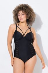 Damski Strój kąpielowy miękkie miseczki z fiszbinami wiązany z tyłu na szyi. Czarne stroje kąpielowe damskie Ulla Popken, plus size, bez wzorów, z elastanu. Za 223.99 zł.