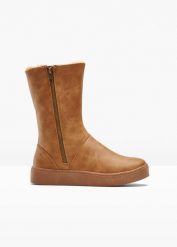 Kozaki zimowe. Brązowe kozaki damskie bonprix, na zimę, bez wzorów, ze skóry, bez obcasa, bez zapięcia. Za 169.99 zł.