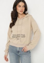 Beżowa Casualowa Bluza z Kapturem i Kieszonką Zelotia. Brązowe bluzy damskie Born2be, l, bez wzorów, z jeansu, casualowe, bez ramiączek, z kapturem. Za 59.99 zł.