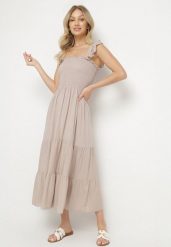 Beżowa Rozkloszowana Bawełniana Sukienka na Ramiączkach z Gumkami i Falbanką Mevesta. Brązowe sukienki damskie Born2be, na lato, l, bez wzorów, z bawełny, eleganckie, bez kołnierzyka, bez ramiączek, maxi, rozkloszowane. Za 39.99 zł.