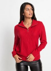 Sweter ze stójką we wzór w warkocze. Czerwone swetry nierozpinane damskie bonprix, bez wzorów, bez kołnierzyka, bez ramiączek. Za 99.99 zł.