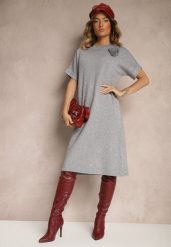 Szara Sukienka z Bawełną i Wiskozą Ozdobiona Przypinką Kwiatem 3D Zeiinia. Szare sukienki damskie Renee, do pracy, l, bez wzorów, z bawełny, biznesowe, bez kołnierzyka, bez ramiączek, midi, proste. Za 99.99 zł.