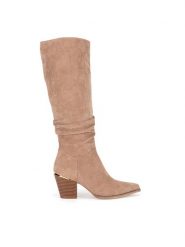 DeeZee Kozaki WS22367-02 Beżowy. Brązowe kozaki damskie DeeZee, bez wzorów, z materiału, bez obcasa, na słupku, bez zapięcia. Za 199.99 zł.