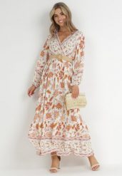 Biało-Beżowa Sukienka w Kwiaty Rozkloszowana z Paskiem Hosifar. Białe sukienki damskie Born2be, l, bez wzorów, bez kołnierzyka, bez ramiączek, maxi, kopertowe. Za 54.99 zł.