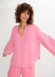 Bluzka muślinowa oversize. Czerwone bluzki damskie bonprix, bez wzorów, bez kołnierzyka, bez ramiączek. Za 82.99 zł.